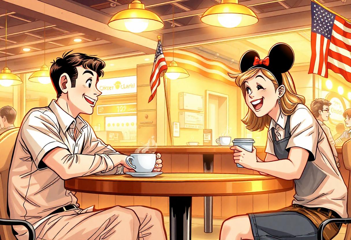 Ilustración de una pareja tomando un café en una cafetería de Orlando, Florida, Estados Unidos. Ella con un sombrero de orejas de Minnie Mouse.