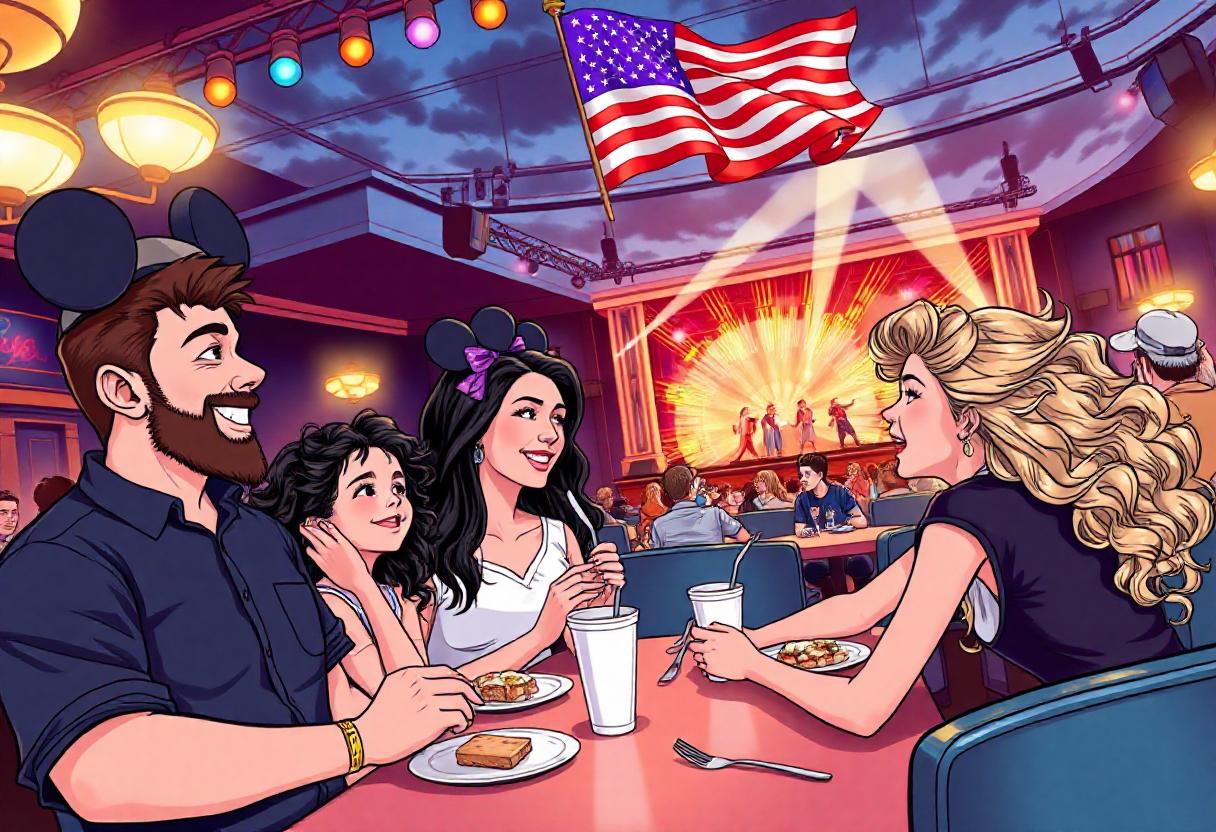 Ilustración de una familia en un Cena-show de Orlando disfrutando del espectaculo mientras comen.