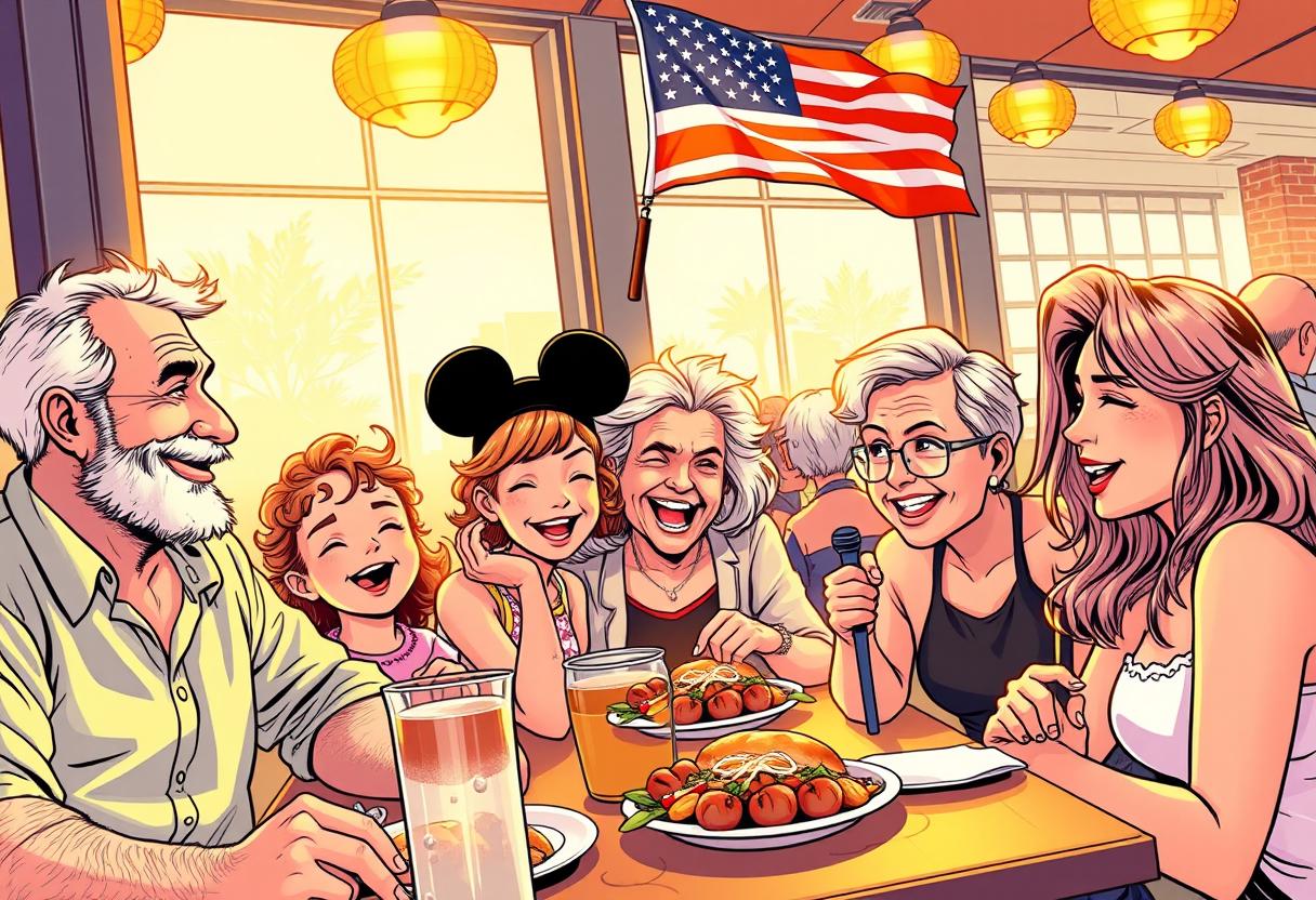 Ilustración de una familia cenando en un restaurante de Orlando.