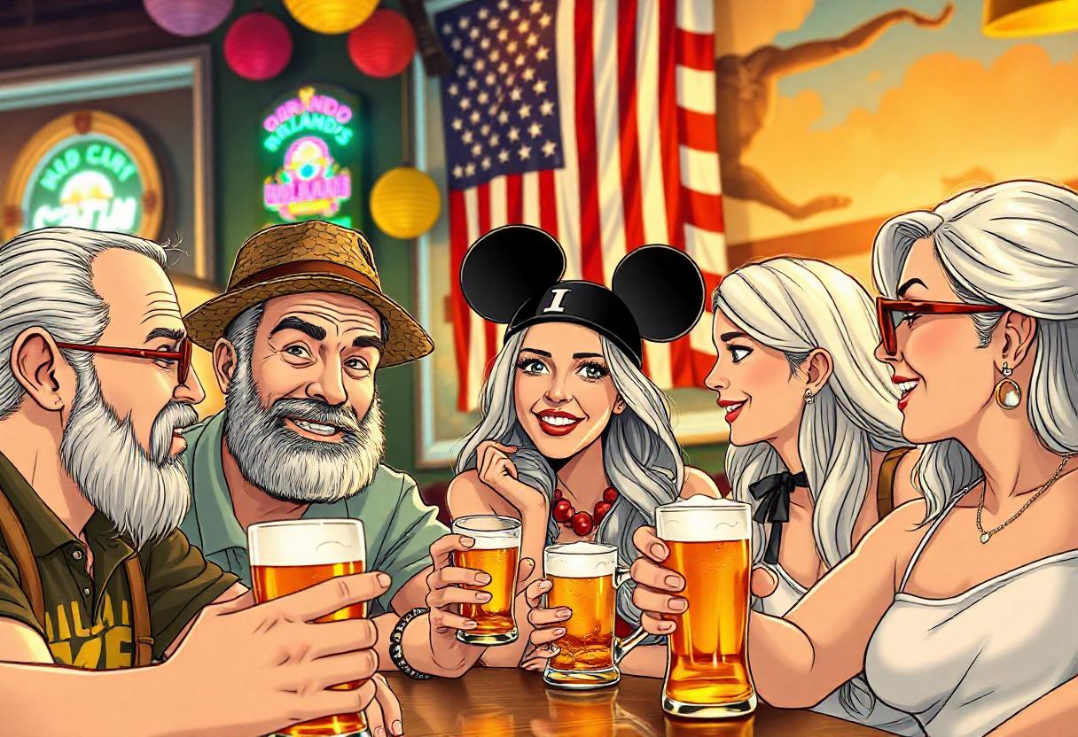 Ilustración de un grupo de amigos sentados en una mesa y disfrutando de cervezas en un bar de Orlando, Florida, Estados Unidos.