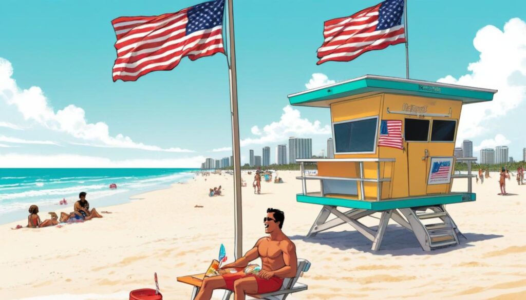 Ilustración de Miami Beach, con la caseta del guardavidas en la escena, el guardavidas sentado en una reposera y el skyline de la ciudad en el horizonte.