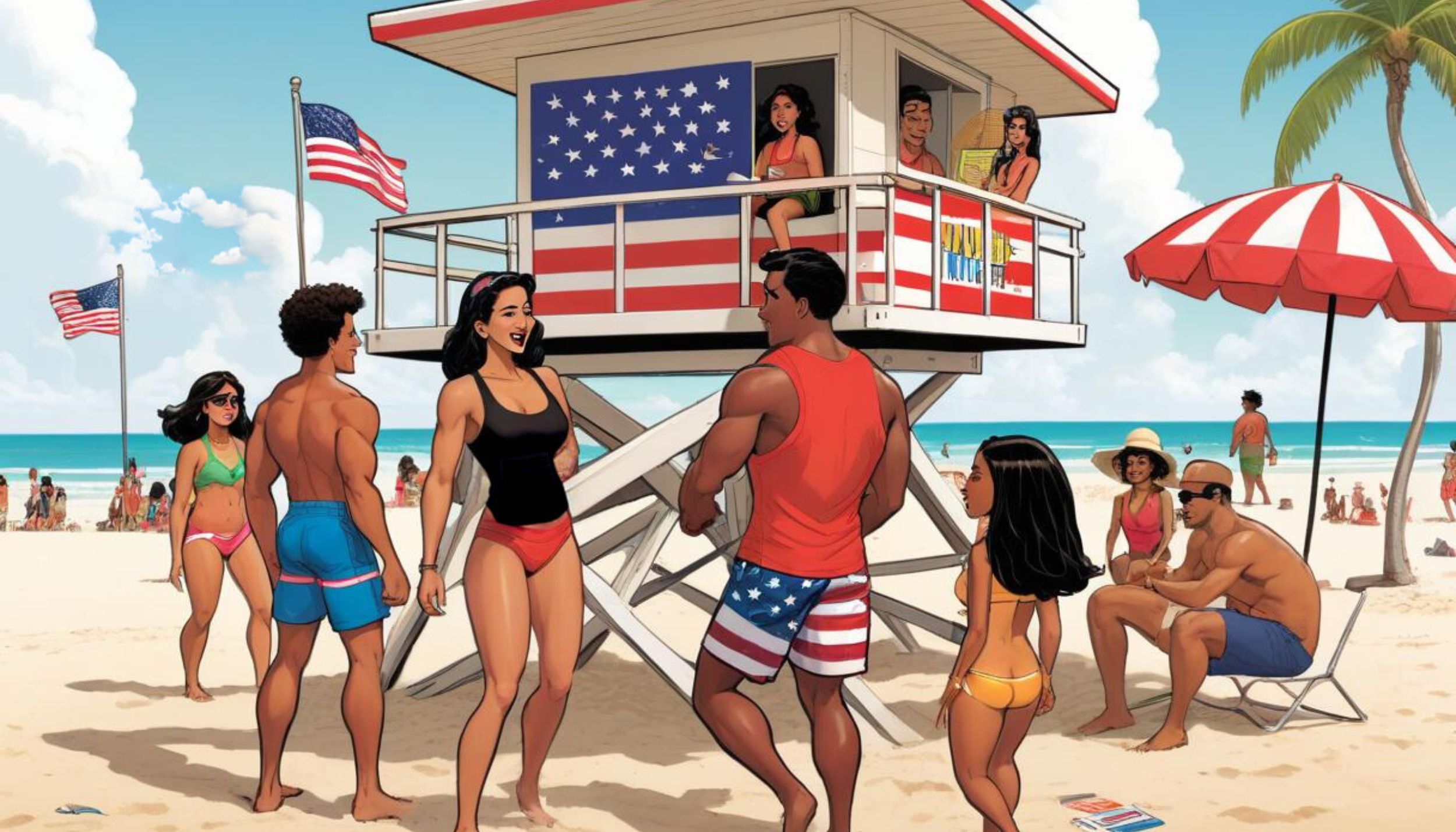 Ilustración de una playa de Miami, Florida, USA. Gente disfrutando de la playa con una casilla de guardavidas en la escena.