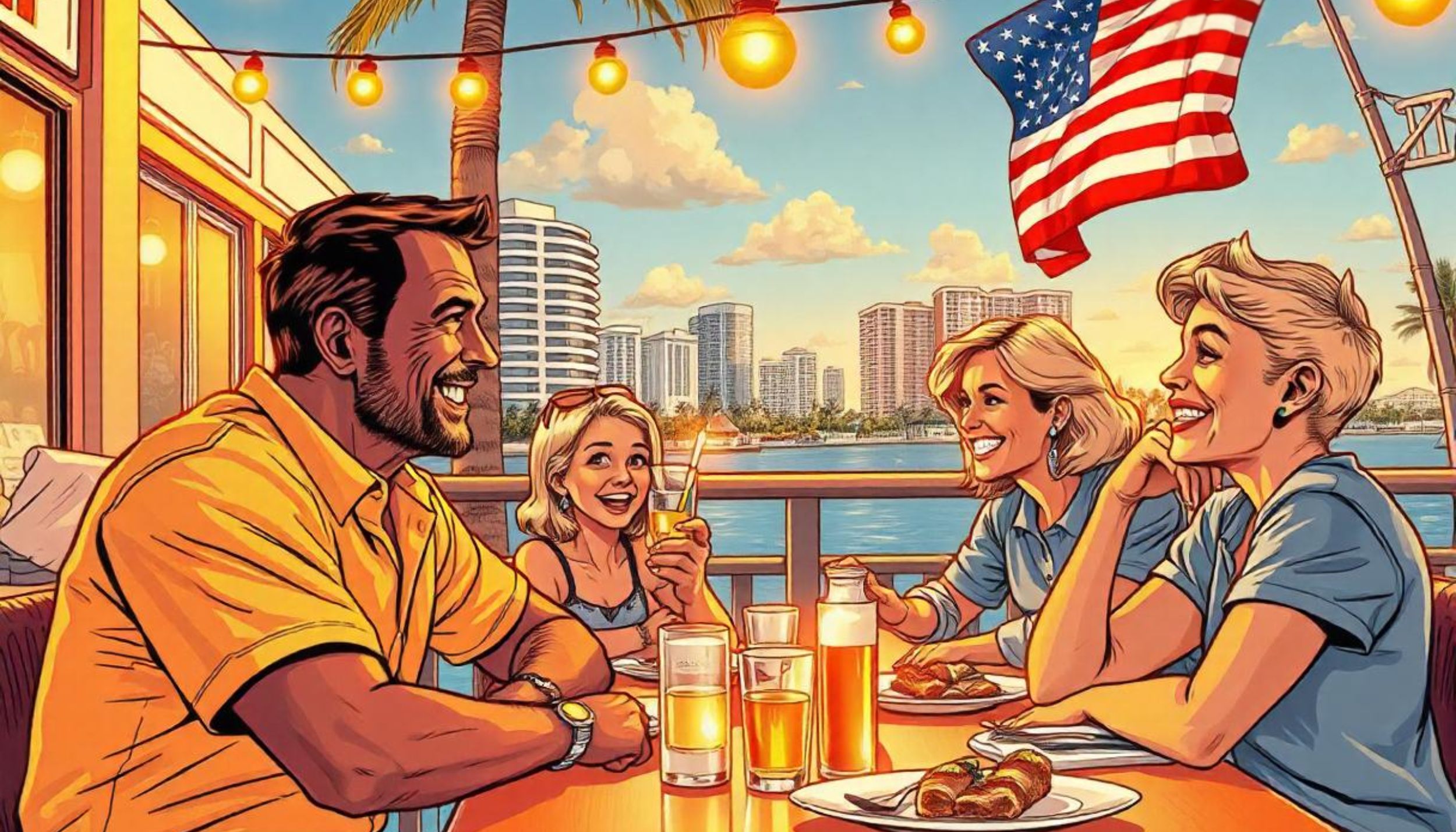 Ilustración de una familia comiendo en un restaurante de Miami, Florida, USA.