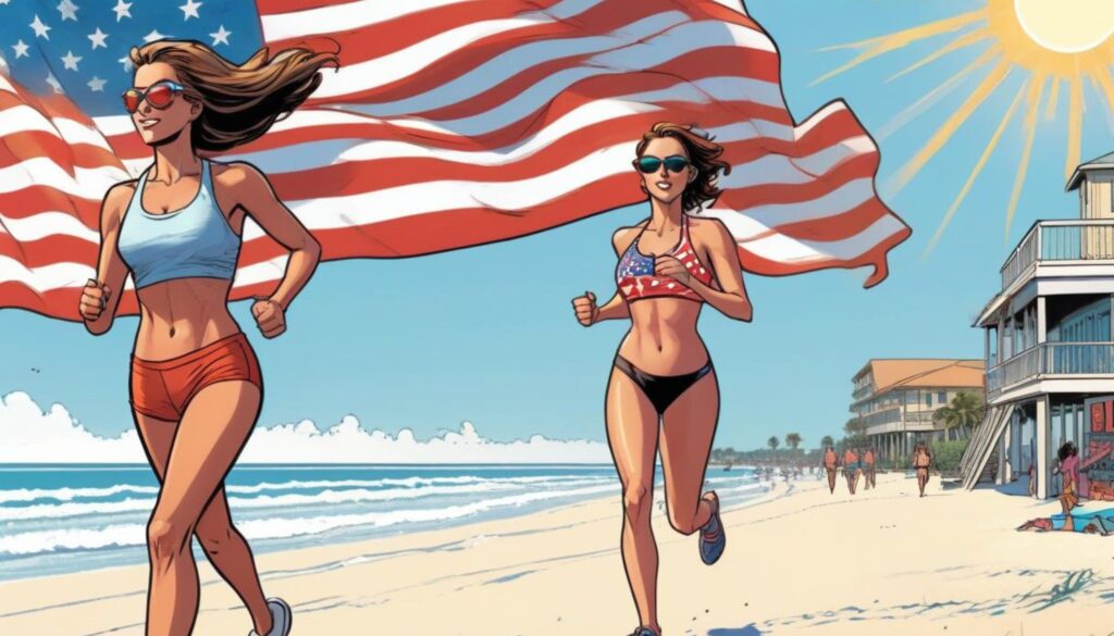 Ilustración de mujeres corriendo por la playa de Sarasota, Florida, Estados Unidos.