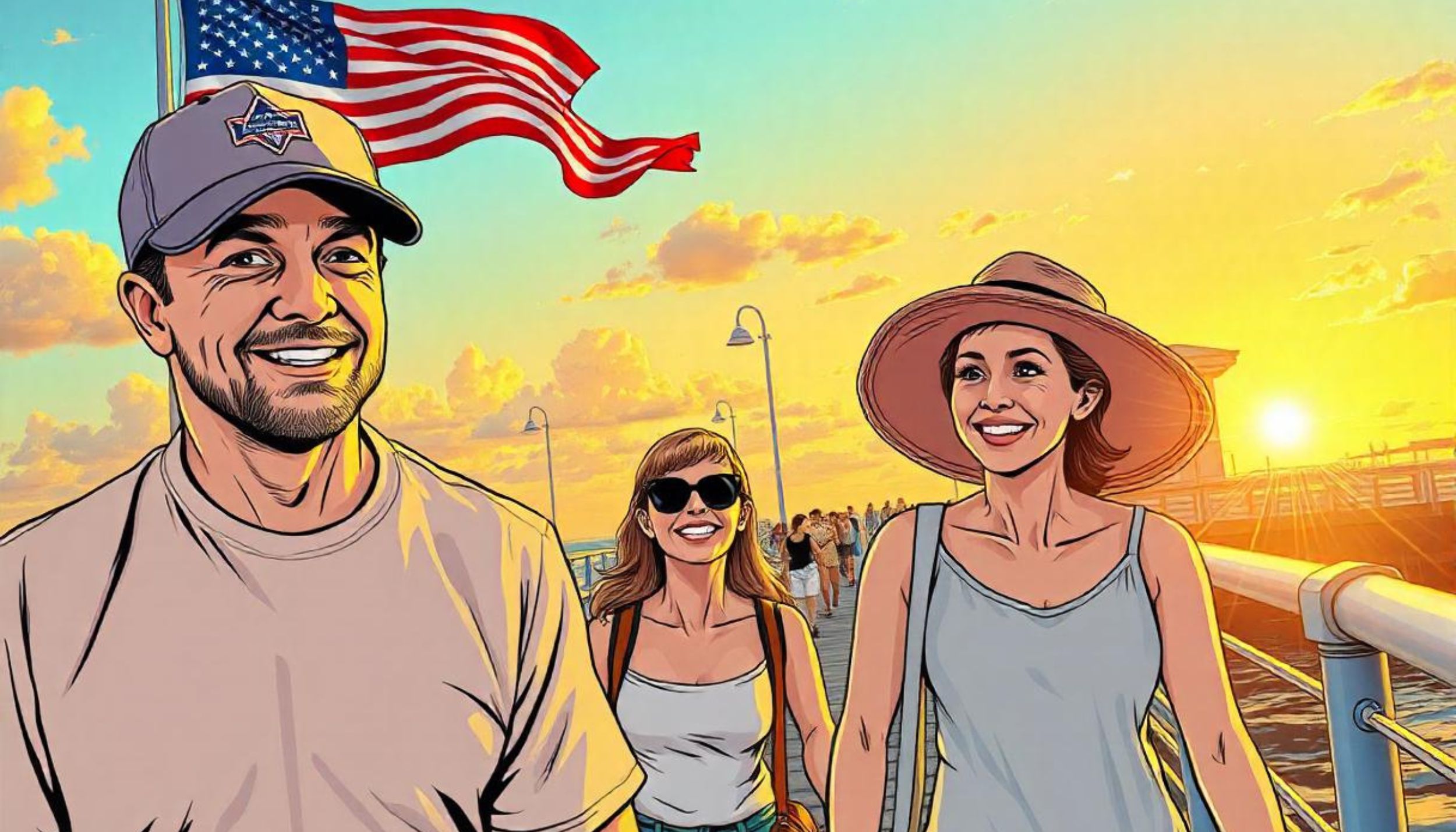 Ilustración de una familia caminando por el muelle de Clearwater en la Costa del Golfo de Florida, USA.